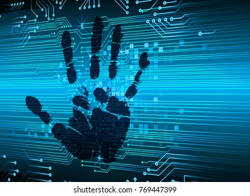 Safety concept, Closed Padlock on digital, cyber security, blue abstract hi speed internet technology background illustration. key, sci fi, fingerprint. scanning. Hand print.