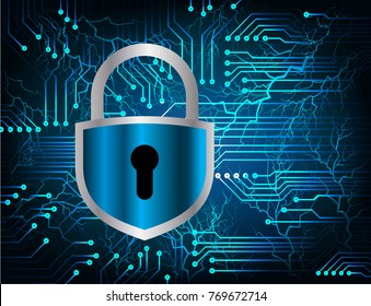 Safety concept, Closed Padlock on digital background, cyber security, Blue abstract hi speed internet technology background illustration. key vector, bolt, thunderbolt, shaft