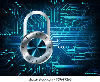 Safety concept, Closed Padlock on digital background, cyber security, Blue abstract hi speed internet technology background illustration. key vector, bolt, thunderbolt, shaft