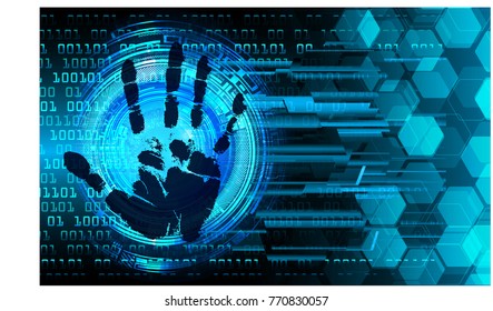 Safety concept, Closed Padlock on digital, cyber security, blue abstract hi speed internet technology background illustration. key, sci fi, fingerprint. scanning. Hand print.
