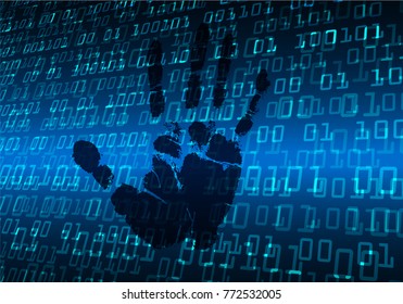 Safety concept, Closed Padlock on digital, cyber security, blue abstract hi speed internet technology background illustration. key, sci fi, fingerprint. scanning. Hand print.