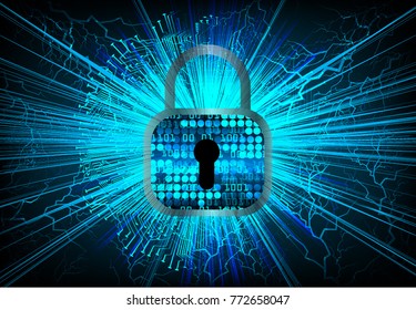 Safety concept, Closed Padlock on digital background, cyber security, Blue abstract hi speed internet technology background illustration. key vector
