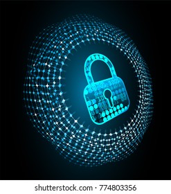 Safety concept, Closed Padlock on digital background, cyber security, Blue abstract hi speed internet technology background illustration. key vector