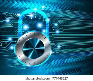 Safety concept, Closed Padlock on digital background, cyber security, Blue abstract hi speed internet technology background illustration. key vector