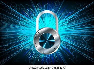 Safety concept, Closed Padlock on digital background, cyber security, Blue abstract hi speed internet technology background illustration. key vector