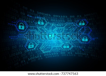 Safety concept, Closed Padlock on digital, cyber security, blue abstract hi speed internet technology background illustration. key, secure sci fi vector