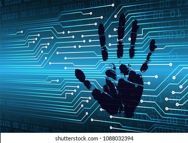 Safety concept,  cyber security, blue abstract hi speed internet technology background illustration. key, sci fi, fingerprint. scanning. Hand print.