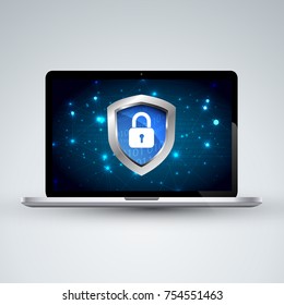 Safety Concept digital cyber security, Protect with Shield armor global network on laptop