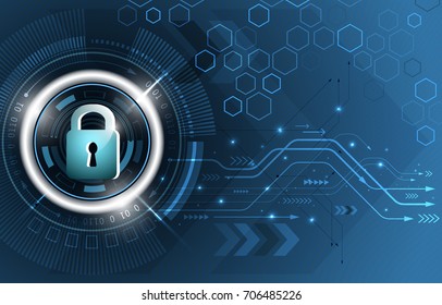 Safety concept. Global security technological background. Closed padlock, glitter, circuit board and hexagon shapes. Vector illustration.