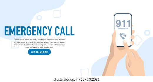 safety concept, human hand holding smart phone. Emergency call to telephone number 911, emergency telephone call symbol. Flat design illustration on white background.