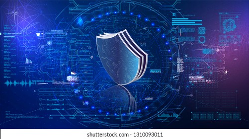 Safety concept, shields on digital background, cyber security, Blue abstract internet technology background illustration. Vector in style HUD UI GUI