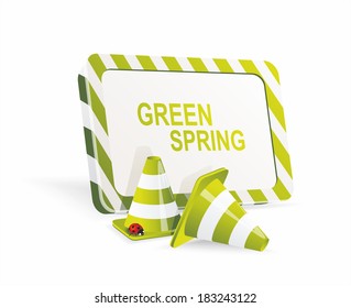 Safety cones with ladybug and spring banner