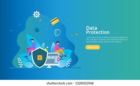 Safety and confidential data protection. VPN internet network security. Traffic encryption personal privacy concept with people character. web landing page, banner, presentation, social or print media