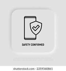 Seguridad confirmada: el smartphone está protegido por blindaje con marca de verificación. Icono de línea delgada. Ilustración vectorial moderna.