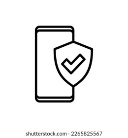 Safety confirmed: smartphone is protected by shield with check mark. Thin line icon. Modern vector illustration.