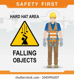 Safety at the construction site. Falling objects. Hard hat area. Vector illustration