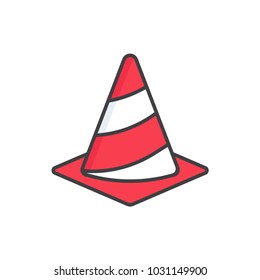 Safety construction, warning traffic  cone flat line colored icon.