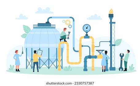 Safety control of oil and gas industry equipment vector illustration. Cartoon tiny people check LPG tank, valves and steel pipelines for leaks, workers measuring pressure in industrial container