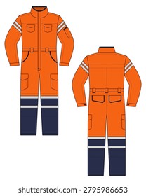 Safety Coverall Workwear Uniform Vector Template - Front and Back View Orange and Navy Blue Industrial Protective Jumpsuit Technical Flat Sketch