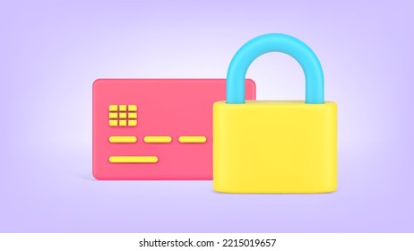 Safety credit debit card payment financial cashless transaction banking protective risk insurance 3d icon vector illustration. Internet purchase electronic pay secure lock cyber shopping verification