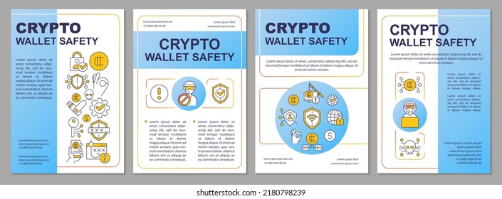 Safety of crypto wallet blue brochure template. Coins storage. Leaflet design with linear icons. Editable 4 vector layouts for presentation, annual reports. Arial, Myriad Pro-Regular fonts used