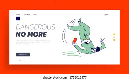 Safety, Dangerous Trauma, Accident, Person Slip and Stumble Landing Page Template. Businessman Character Slipping and Falling on Wet Floor Puddle or Fall from Stairs. Linear Vector Illustration