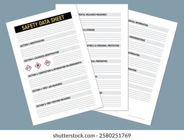 Safety data sheet document with sixteen section based on global harmonization system vector illustration.