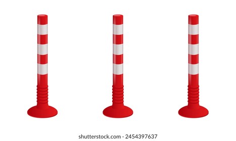 Safety delineator with white stripe. Classic red-orange color. vector road poles. Traffic posts with different types of base.