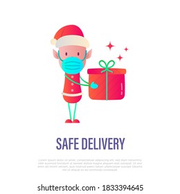 Safety delivery of christmas gift. Elf in surgical mask holding gift box. Christmas in new normal. Gradient flat icon, vector illustration.