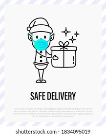 Safety delivery of christmas gift. Elf in surgical mask holding gift box. Christmas in new normal. Thin line icon, vector illustration.