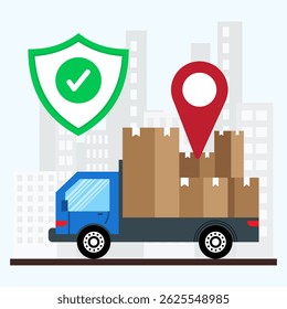 Safety delivery concept. Delivery truck passing through the silhouette of city with shield and location symbol. Package delivery protection from damage with delivery insurance.