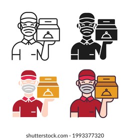Safety delivery of food package for Covid-19 prevention. Courier boy holding parcel in Quarantine. A courier in a protective mask, food delivery. Vector illustration design on white background. EPS 10
