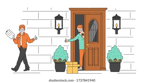 Safety delivery and online purchasing during quarantine background with courier in medical mask and gloves and customer staying at home, cartoon vector illustration.