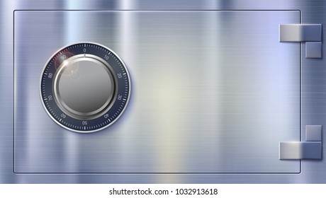 Safety Deposit box for storing money. Safe lock on metal surface with texture. Realistic metallic combination lock, front view. Concept security of money, 3D illustration.