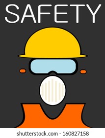 safety design with man wearing earplugs goggles and hard hat