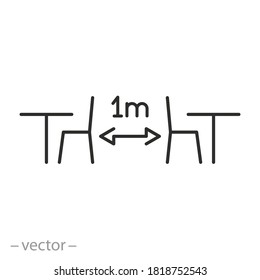 safety distance between the tables, icon, keep protection for coronavirus, social distancing in cafe or restaurant, thin line simple web symbol on white background
