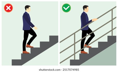 Safety do's and do not's vector illustration. Unsafe condition at staircase without handrail. Man walk on the stairs.