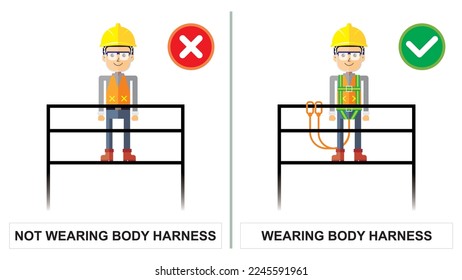 La seguridad es y no lo es. Comportamiento incorrecto y correcto. Llevar equipo de protección personal de prevención de caída al realizar el trabajo a altura. Plantilla de ilustración vectorial plana.