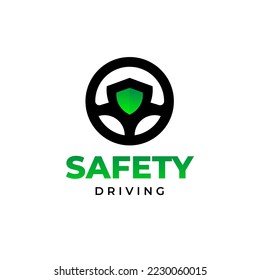 Safety Drive Logo. Circle Steering Wheel with Green Shield Icon
