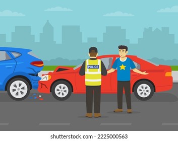 Coche de seguridad. Carros caídos en el camino de la ciudad. El joven conductor masculino se justifica a sí mismo. Oficial de policía escribiendo un boleto de infracción al conductor después de un accidente de tránsito. Plantilla de ilustración vectorial plana.