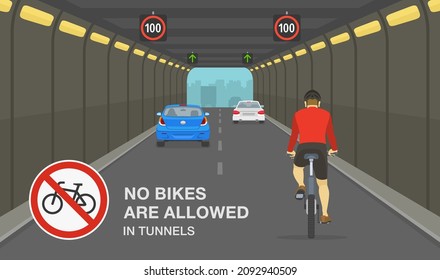 Safety driving rules. City tunnel restrictions. Cyclist ignoring road or traffic rule and riding his bike in high-speed tunnel. No bikes are allowed in tunnels sign. Flat vector illustration template.