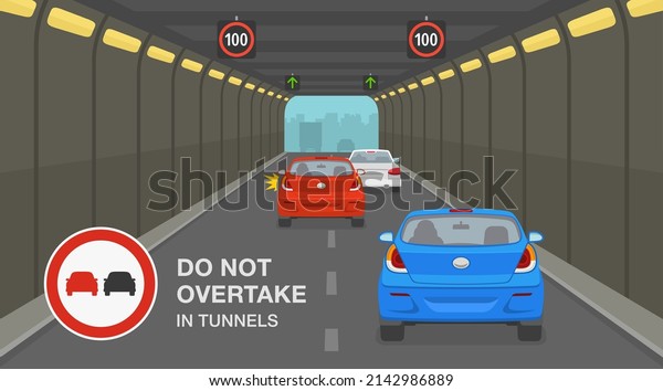 Safety driving\
rules. City tunnel restrictions. Red car is passing other vehicle\
in high-speed tunnel. No overtaking in tunnels traffic sign. Flat\
vector illustration\
template.