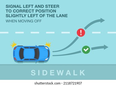 Safety driving rules. How to correct move off. Signal left and steer to correct position slightly left of the lane when moving off. Flat vector illustration template.