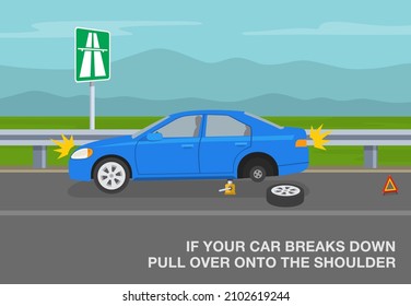 Reglas de conducción de seguridad en una autopista. Si tu auto se rompe, tira sobre el hombro del camino. Reglas de tráfico en autopista, paso rápido, autopista. Coche roto. Plantilla de ilustración vectorial plana.