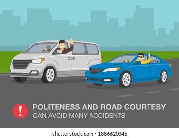 Safety driving rules. Politeness and road courtesy can avoid many accidents warning poster design. Flat vector illustration template.