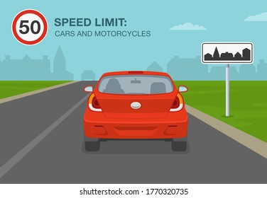 Safety driving rules and tipes. Cars and motorcycles on a built-up area speed limit. Flat vector illustration template.