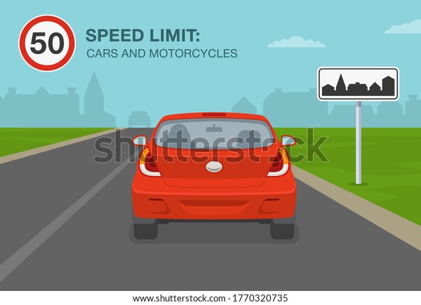 Safety\
driving rules and tipes. Cars and motorcycles on a built-up area\
speed limit. Flat vector illustration\
template.