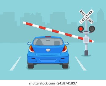 Reglas y consejos de conducción de seguridad. El coche se detuvo en el cruce del ferrocarril cuando la barrera empezó a cerrarse. Vista posterior. Plantilla de Ilustración vectorial plana.