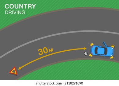 Safety driving rules and tips. Hazard or Warning triangle placement. Red breakdown triangle stands near broken car on road side. Flat vector illustration template.