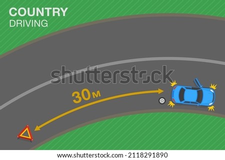 Safety driving rules and tips. Hazard or Warning triangle placement. Red breakdown triangle stands near broken car on road side. Flat vector illustration template.
